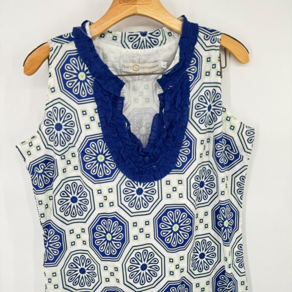 Tracy Negoshian Blue White Sleeveless dress cotton Ruffle Neckline size large - Picture 5 of 11
